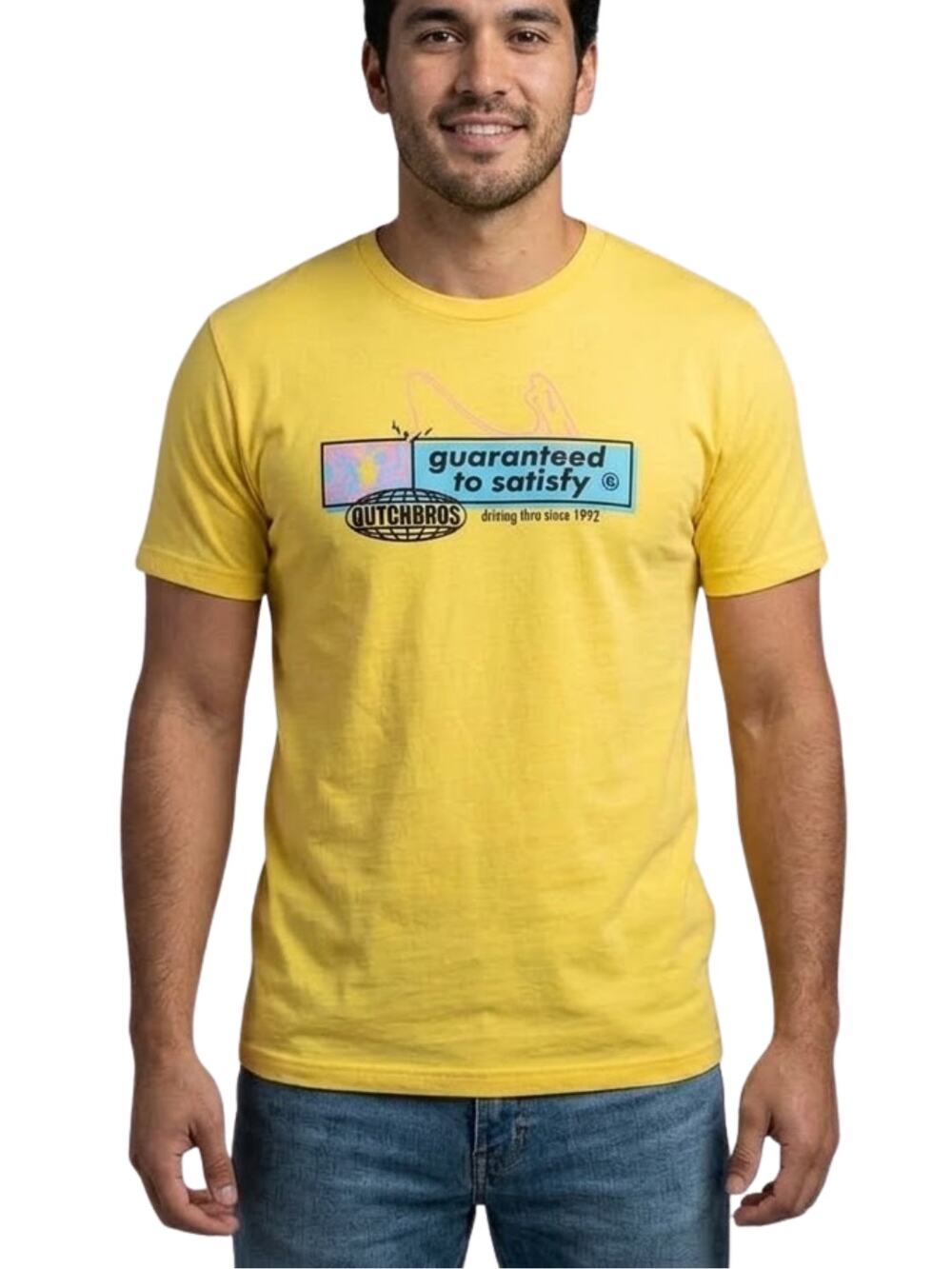 Dutch Bros Guaranteed to Satisfy Yellow T-Shirt EUC Unisex Broista Graphic Tee M